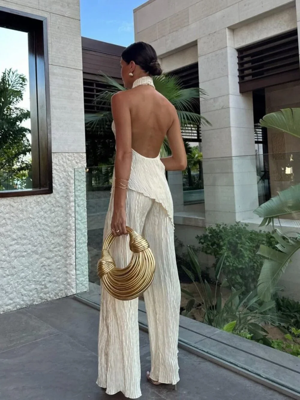 Asymmetric Halter Top with Wide Leg Pants Set - Picture 2 of 9